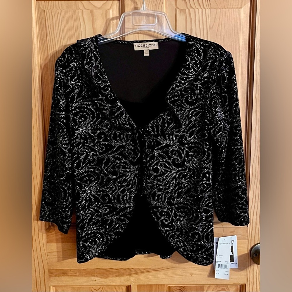 Notations NWT Black Silver Glitter Velvet Ruffle Cardigan Twofer Top Petite PM - Picture 10 of 17